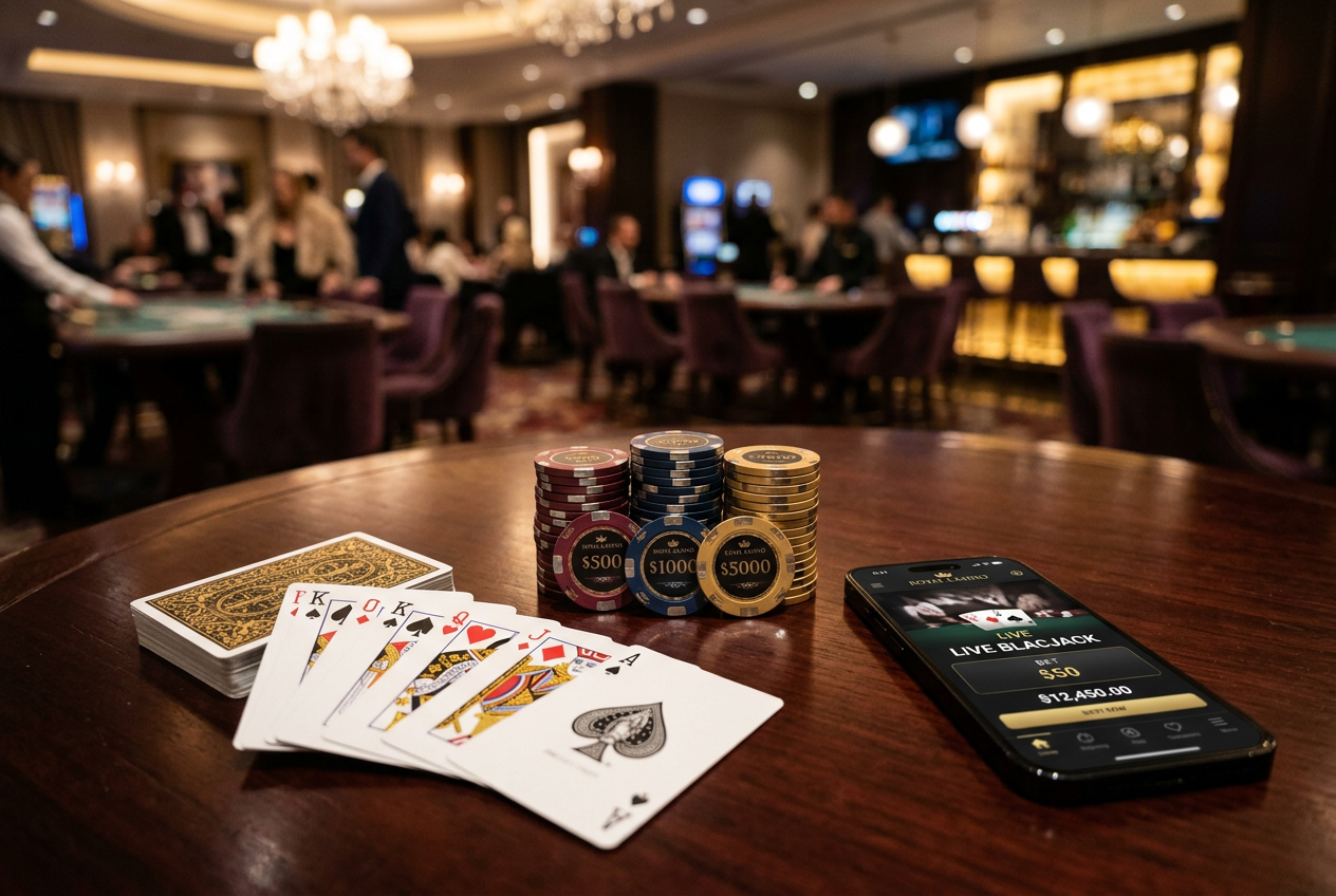 High-quality casino chips and cards on a modern table.